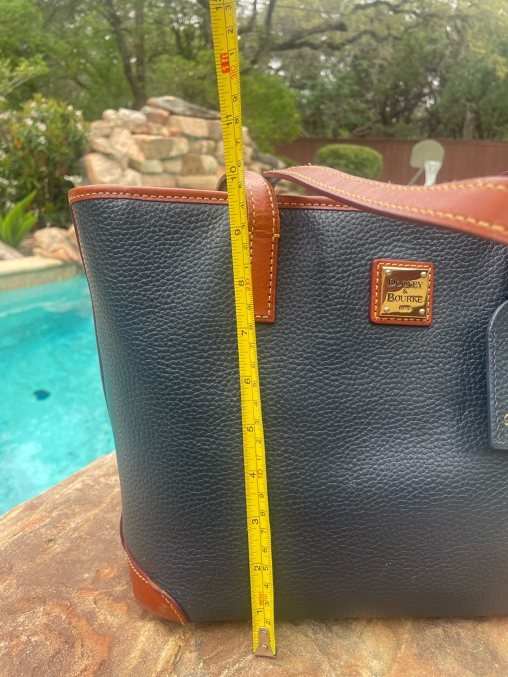 Dooney & Bourke Navy Pebble Grain Leather Tote British Tan Trim and Straps (CSR) - Picture 5 of 15